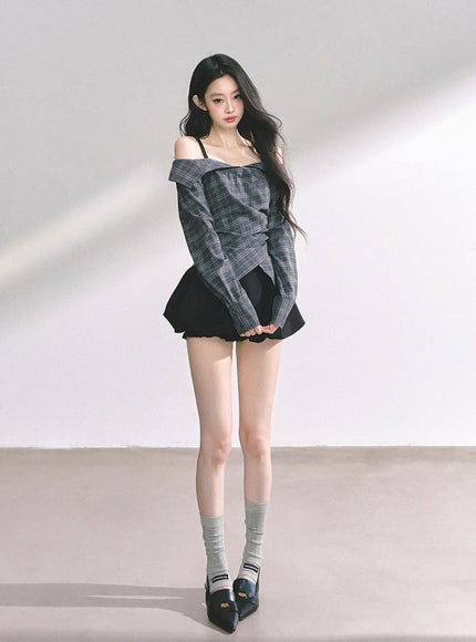 Asymmetric Elegance Check Blouse
