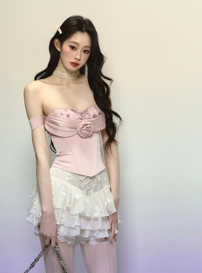 White Lace-Up Tiered Lace Skirt