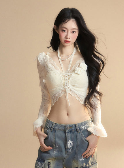 Romantic Lace-Up Sheer Top - Apricot