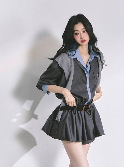 Urban Contrast Mini Dress Shawl Set - Gray