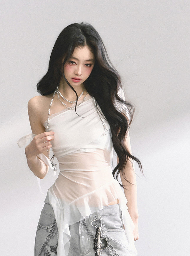 White Sheer Layered Off-Shoulde Top