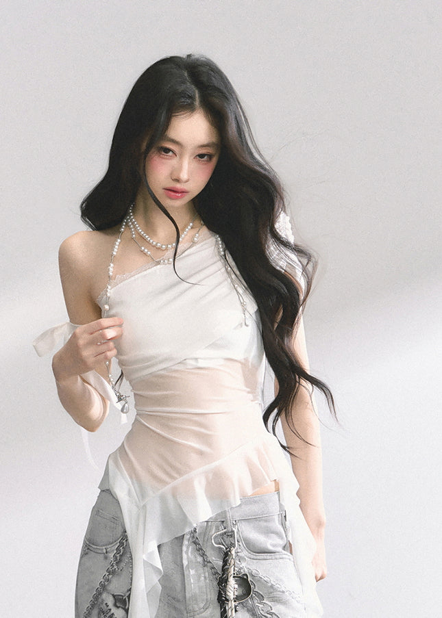 White Sheer Layered Off-Shoulde Top