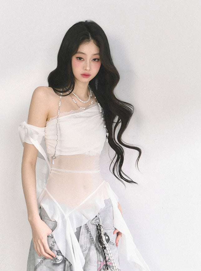 White Sheer Layered Off-Shoulde Top