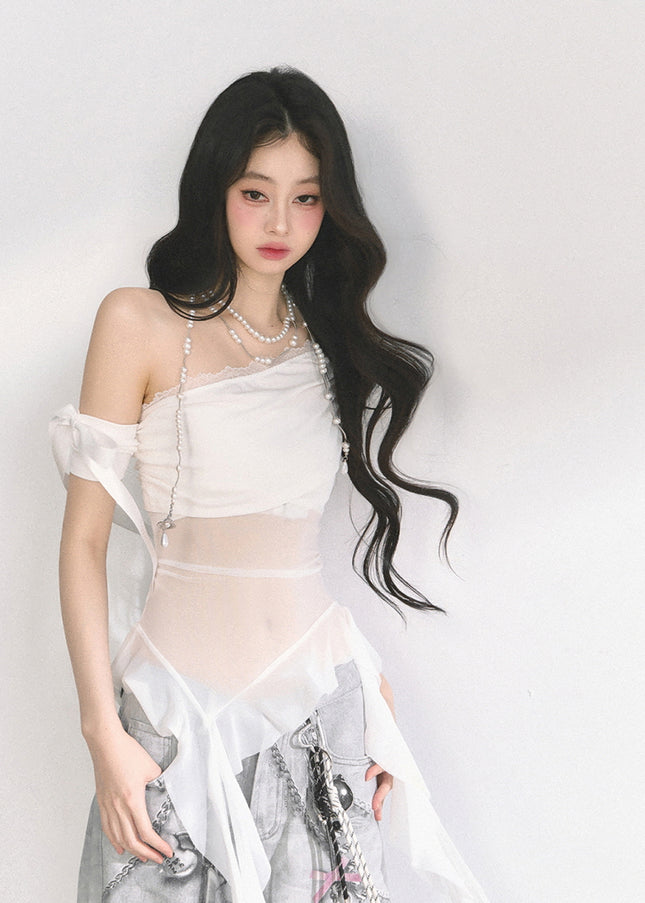White Sheer Layered Off-Shoulde Top