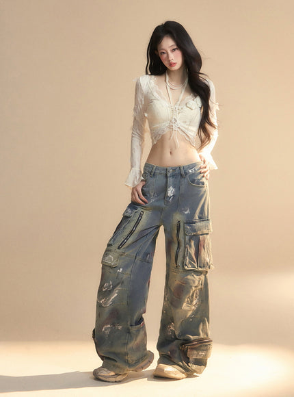 Romantic Lace-Up Sheer Top - Apricot