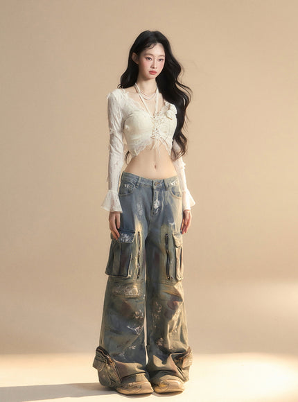 Romantic Lace-Up Sheer Top - Apricot