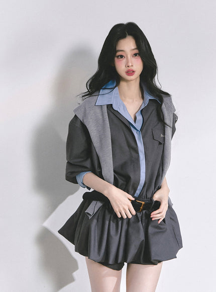 Urban Contrast Mini Dress Shawl Set - Gray