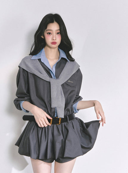 Urban Contrast Mini Dress Shawl Set - Gray