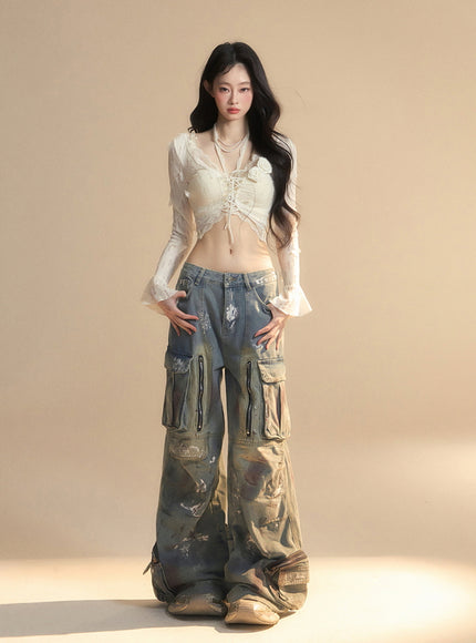Romantic Lace-Up Sheer Top - Apricot