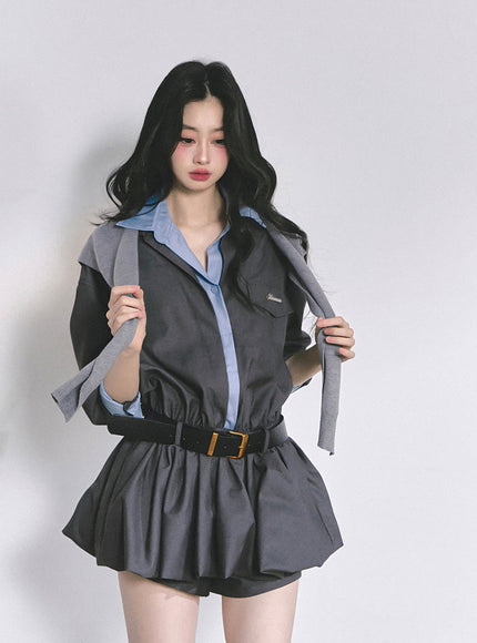 Urban Contrast Mini Dress Shawl Set - Gray