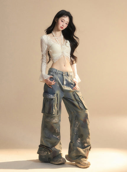 Romantic Lace-Up Sheer Top - Apricot