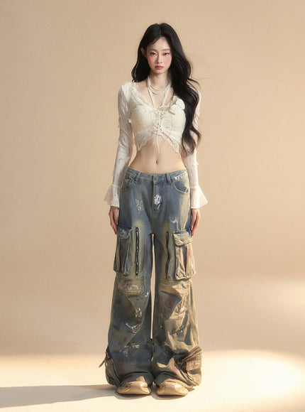 Romantic Lace-Up Sheer Top - Apricot