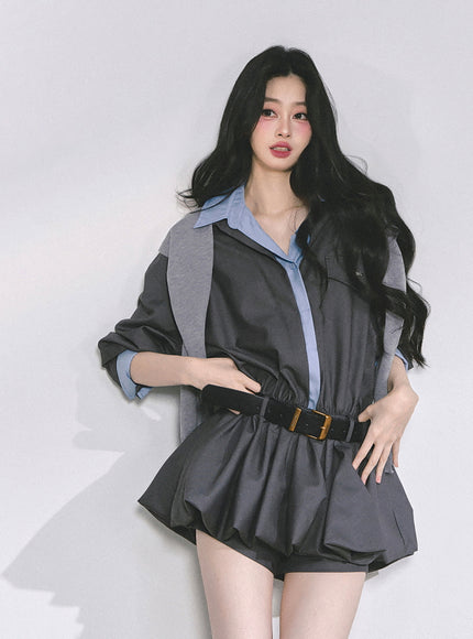 Urban Contrast Mini Dress Shawl Set - Gray