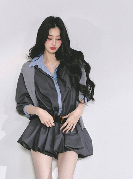 Urban Contrast Mini Dress Shawl Set - Gray