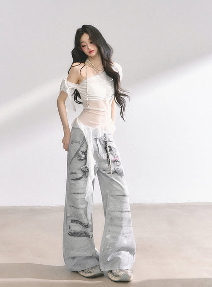 White Sheer Layered Off-Shoulde Top