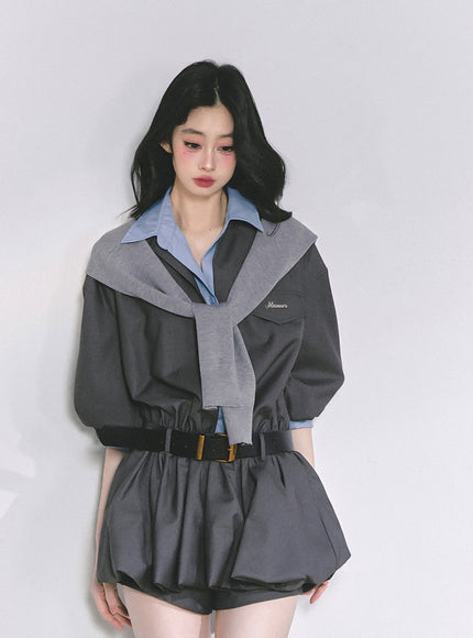 Urban Contrast Mini Dress Shawl Set - Gray