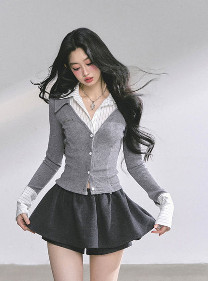 Attached Shirt Cardigan - Gray