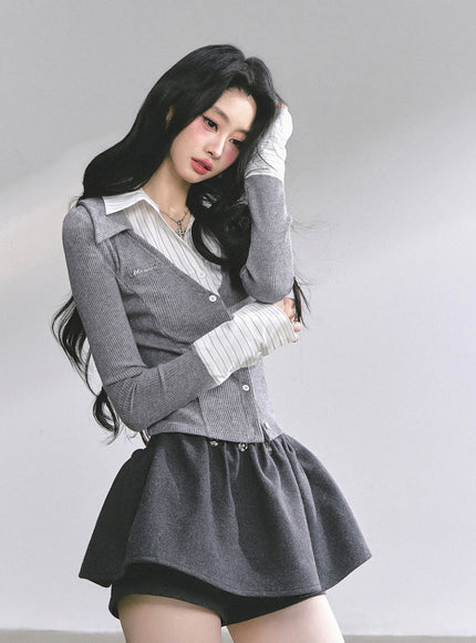 Attached Shirt Cardigan - Gray