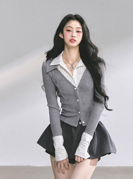 Attached Shirt Cardigan - Gray