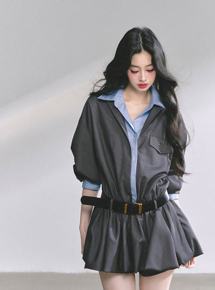 Urban Contrast Mini Dress Shawl Set - Gray