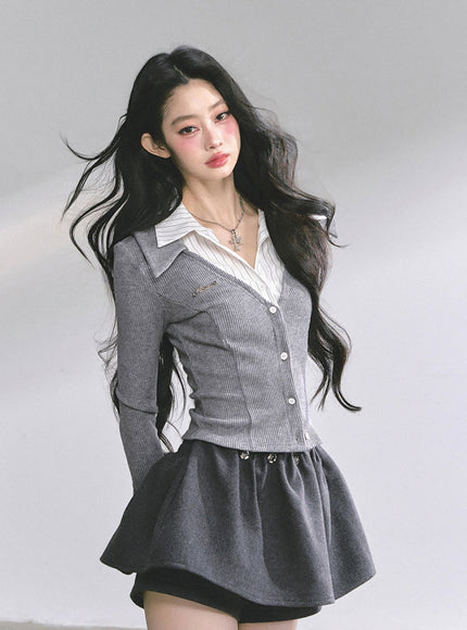 Attached Shirt Cardigan - Gray