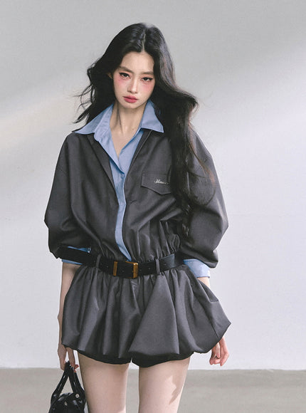 Urban Contrast Mini Dress Shawl Set - Gray