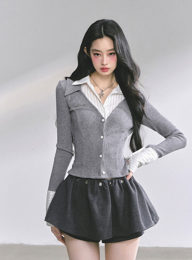 Attached Shirt Cardigan - Gray