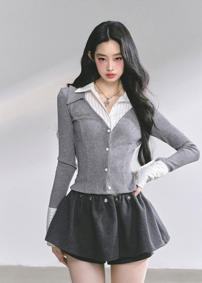 Attached Shirt Cardigan - Gray