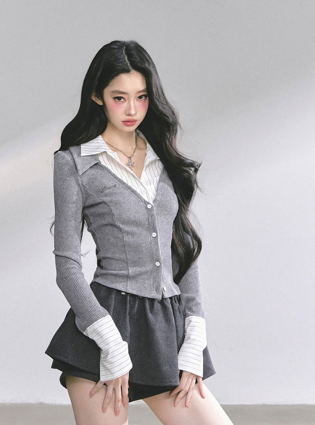 Attached Shirt Cardigan - Gray