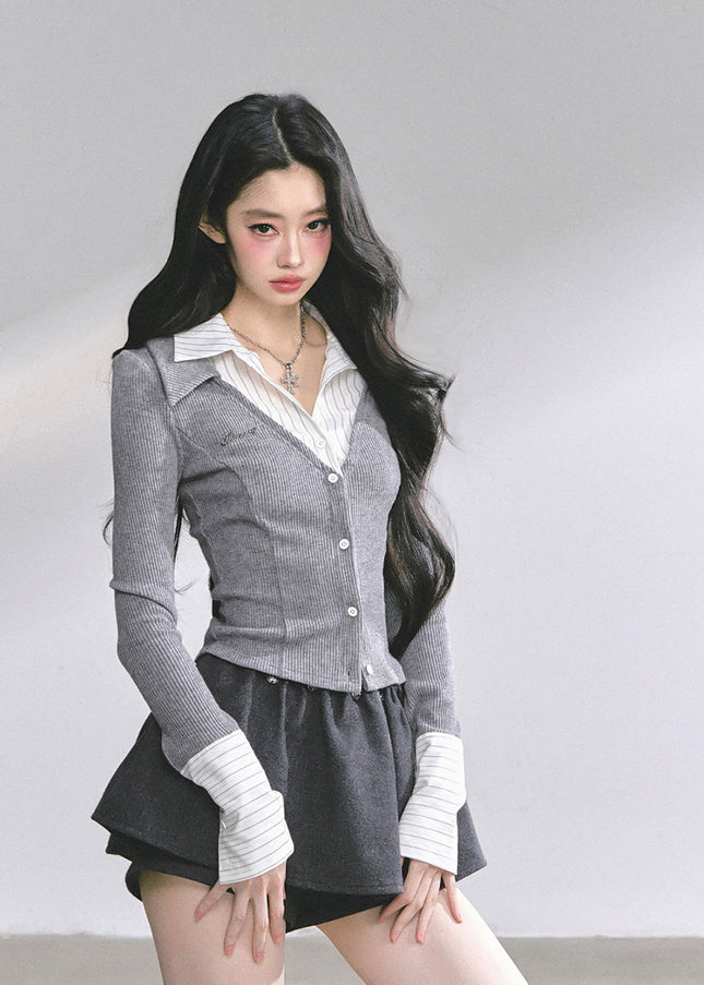 Attached Shirt Cardigan - Gray