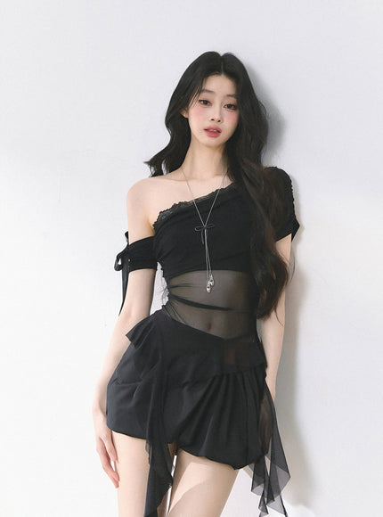Black Sheer Layered Off-Shoulde Top