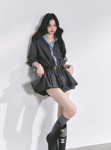 Urban Contrast Mini Dress Shawl Set - Gray