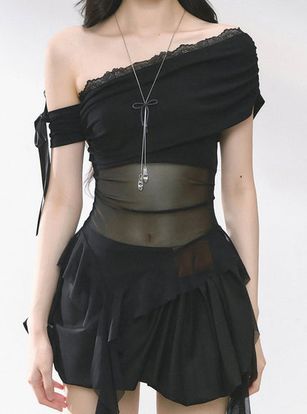 Black Sheer Layered Off-Shoulde Top