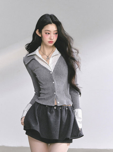 Attached Shirt Cardigan - Gray