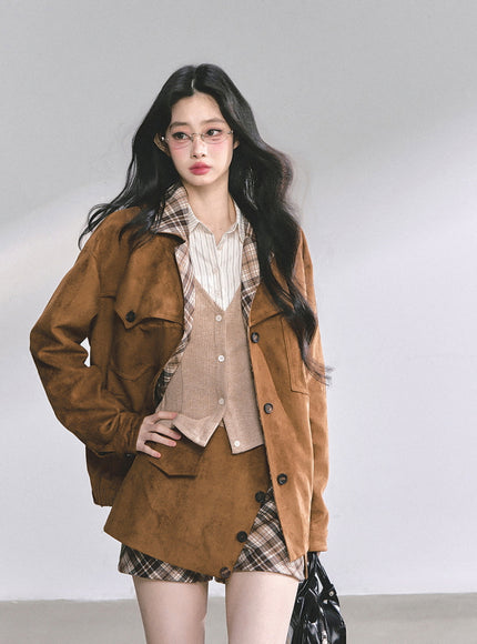 Classic Brown Jacket Skirt Set