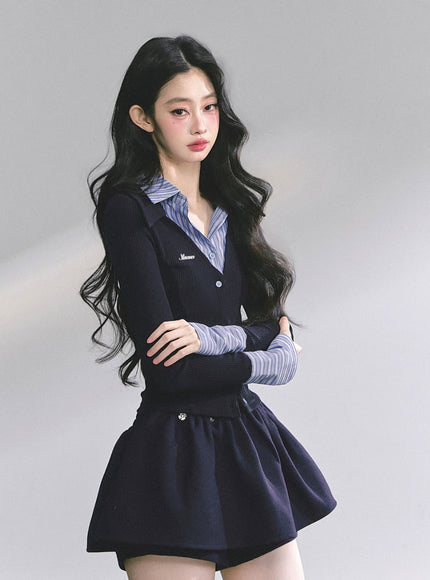 Attached Shirt Cardigan - Navy
