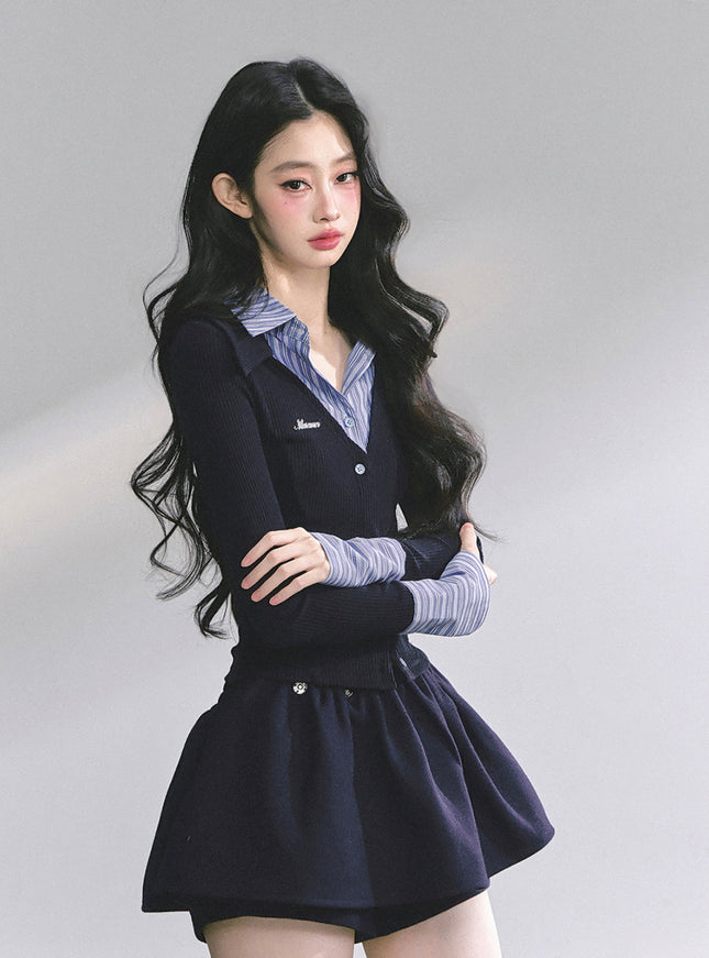 Attached Shirt Cardigan - Navy