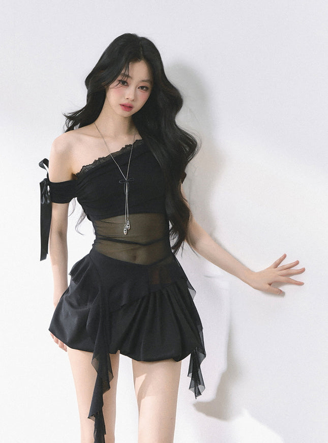 Black Sheer Layered Off-Shoulde Top