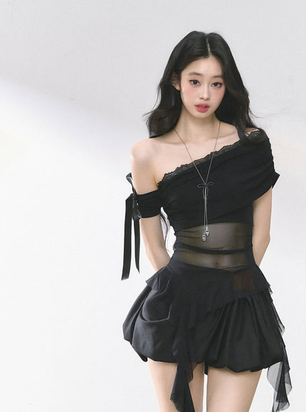 Black Sheer Layered Off-Shoulde Top