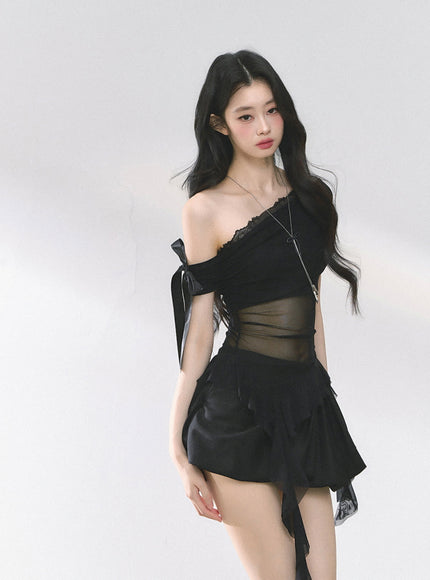Black Sheer Layered Off-Shoulde Top