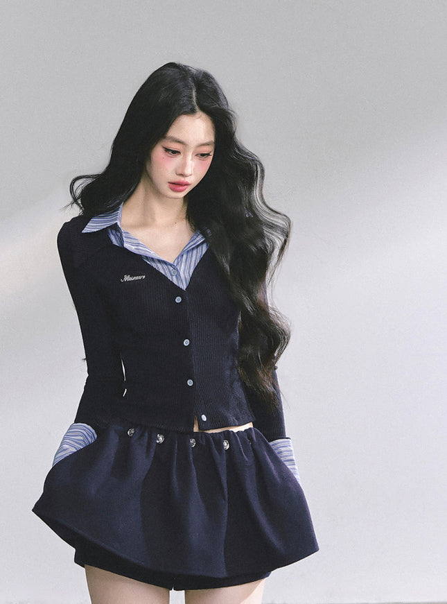 Attached Shirt Cardigan - Navy