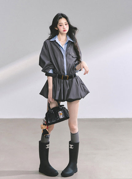 Urban Contrast Mini Dress Shawl Set - Gray