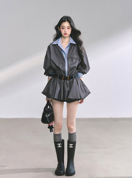 Urban Contrast Mini Dress Shawl Set - Gray