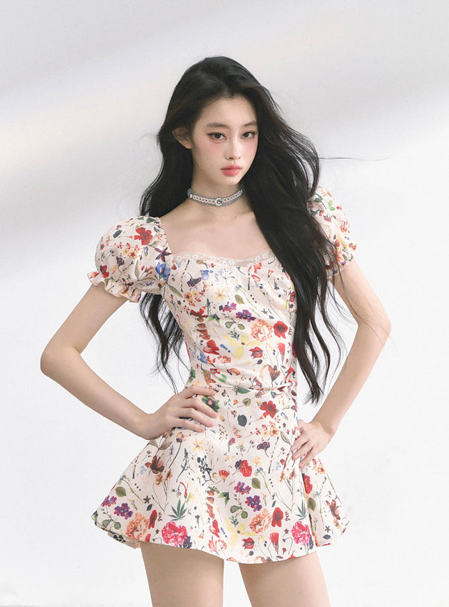 Floral Print Puff Mini Dress