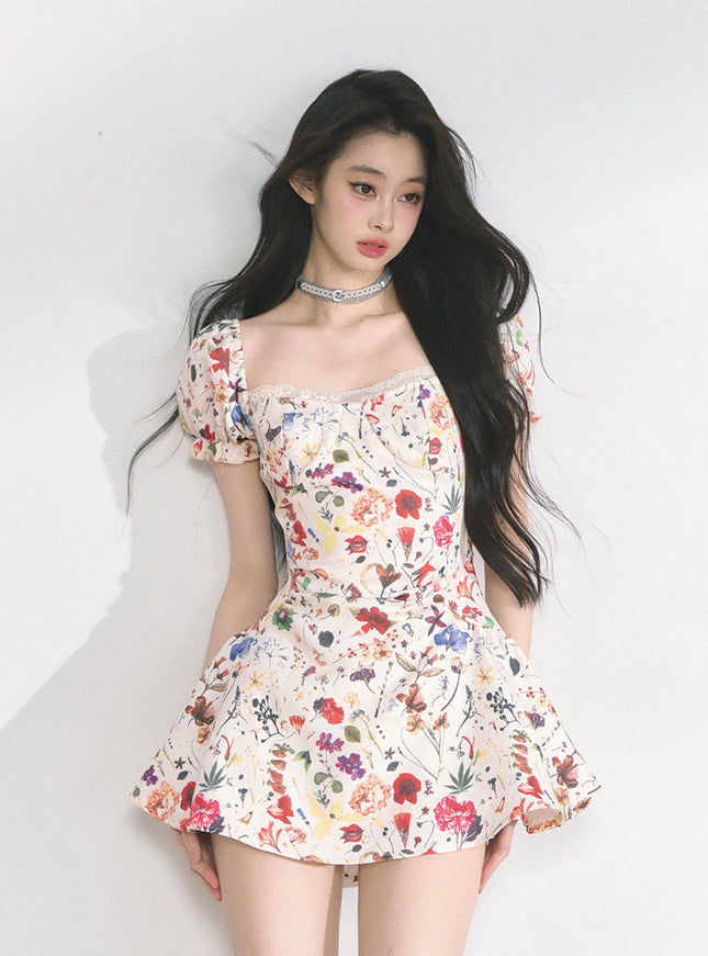 Floral Print Puff Mini Dress