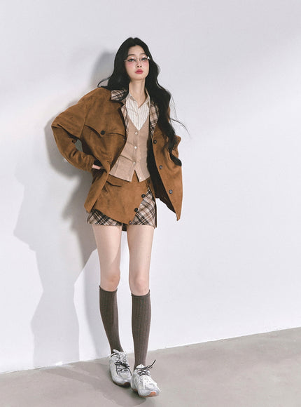 Classic Brown Jacket Skirt Set