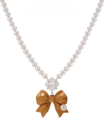 Wooden Bow Pearl Necklace