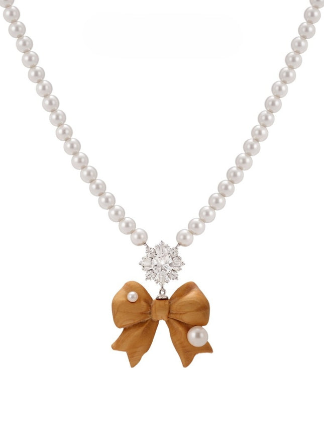 Wooden Bow Pearl Necklace