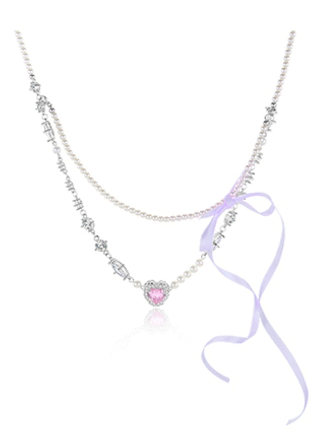 Crystal Heart Bow Pearl Choker Necklace