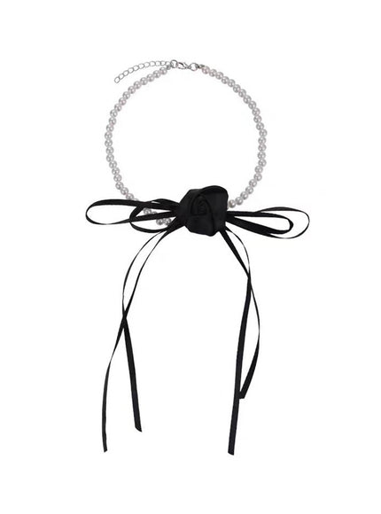 Pearl Rose Ribbon Tie Choker